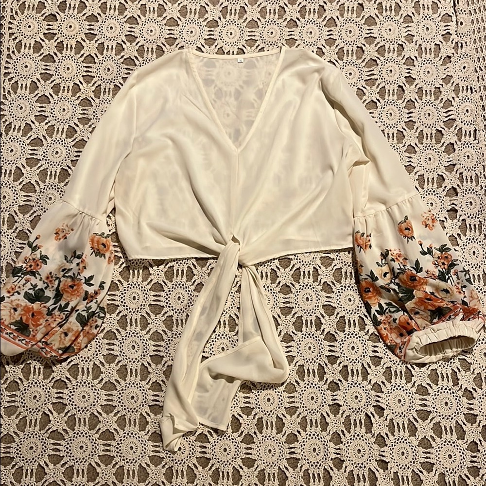 Floral Sleeve Cream Tie-Front Blouse